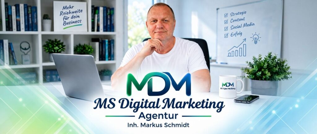 Markus Schmidt, Inhaber von MS Digital Marketing in Homburg, an seinem Arbeitsplatz mit Laptop und Firmenlogo