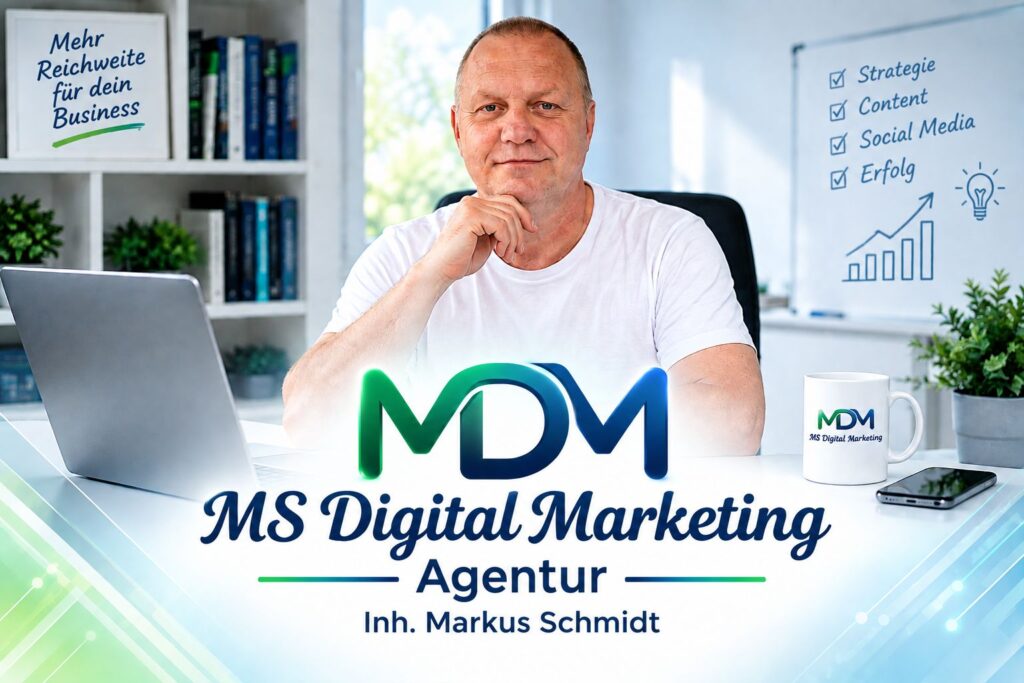 Markus Schmidt, Inhaber von MS Digital Marketing in Homburg, an seinem Arbeitsplatz mit Laptop und Firmenlogo